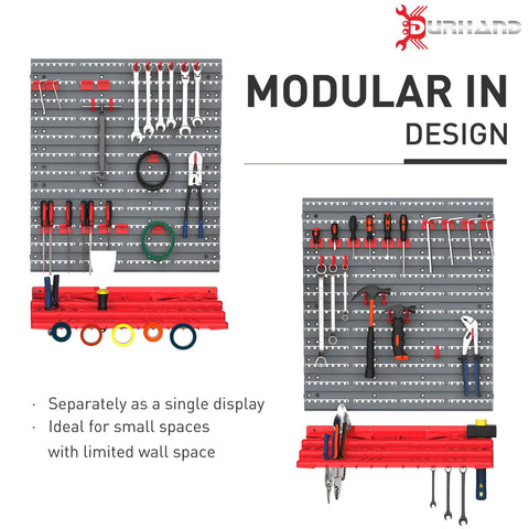 54 Piece Wall Mounted Pegboard And Shelf Tool Organizer Kit Slick Gray Storage Solution displaying tools in a compact modular layout.