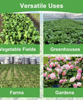 Image showing versatile uses for Biodegradable Garden Weed Barrier Paper Roll in vegetable fields, greenhouses, farms, and gardens.