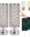 Lit Crystal Table Lamp Set With Dual USB Ports, Touch Control, 3 Way Dimmable Nightstand Lamps, Acrylic Chrome Finish, Set Of 2