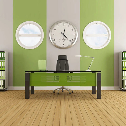 Modern office with wall clock; High Torque Quartz Clock Movement With Long Shaft And 12 Inch Spade Hands For Diy Clock Builds Replacement Mechanism For Thick Panels And Big Dials visible.