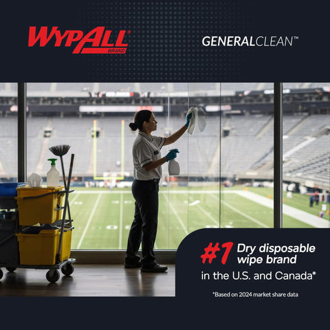 Person cleaning stadium window using GeneralClean X60 Multi-Task Cleaning Cloths Pop-Up Box 118 Sheets, showcasing heavy-duty absorbency.