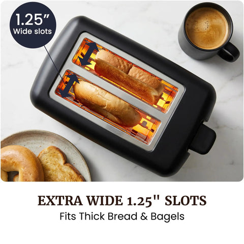 Top Shelf 2 Slice Toaster Features Cool Touch Exterior And Massive 1 25 Inch Slots That Handle Big Bagels And Waffles Like Butter. Extra wide 1.25" slots fit thick bread.