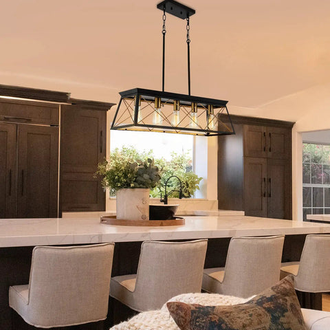 Five Light Farmhouse Rectangular Pendant Chandelier For Dining Room And Kitchen Island, Black Rustic Metal Frame with Brass Gold Sockets