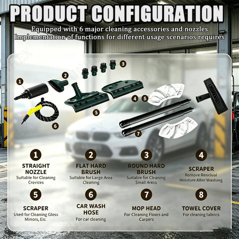 Product configuration detailing six accessories for Top Rated 3000W Professional High Pressure Steam Cleaner With 230°F Super Hot Vapor.