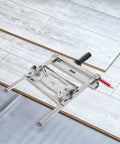 Rock Solid Adjustable Cutting Machine Support Frame With Heavy Duty Stainless Steel Edge Guide Positioner For Precision Woodworking And Grinder Shop Builds That Guarantee Straight Shots Every Single Time on a workbench with cutting material.