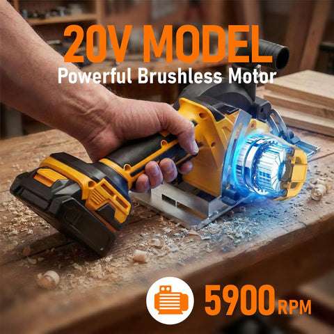 6 Inch Brushless Cordless Circular Saw Compatible With DeWalt 20V Max Battery for Smooth Wood Cuts in use on wood with shavings.