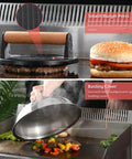 28 Piece Griddle Gear Kit For Blackstone Flat Top Grill featuring burger press and basting cover in use on flat top grill
