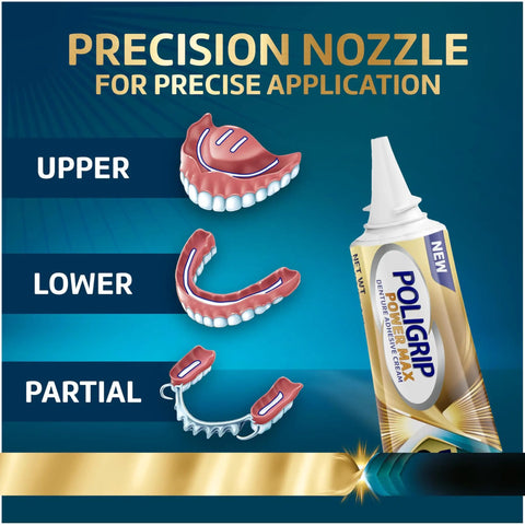 Four Two Point Two Ounce Tubes All In One Zinc Free Denture Adhesive Cream Four Pack Delivers Twelve Hour Hold For Strong Bite Power And No Food Under Dentures After Eating, showing precision nozzle for upper, lower, and partial dentures application.