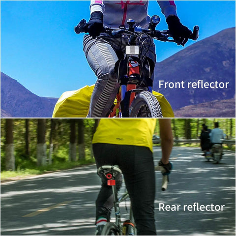 Cyclist using All In One Bike Front And Rear Reflectors Kit For Road Safety Spoke Reflectors Handlebar And Seatpost Red And White 8 Pack