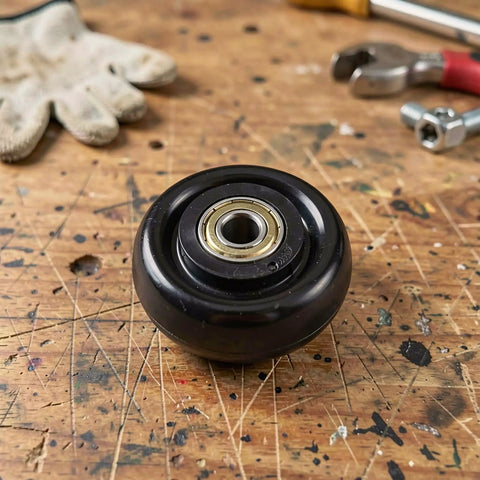 4 Pack 3 Inch Nylon Pulley Wheels Heavy Duty Track Rollers For Trailer Jack And Hand Cart Replacement close-up on smooth rolling bearing