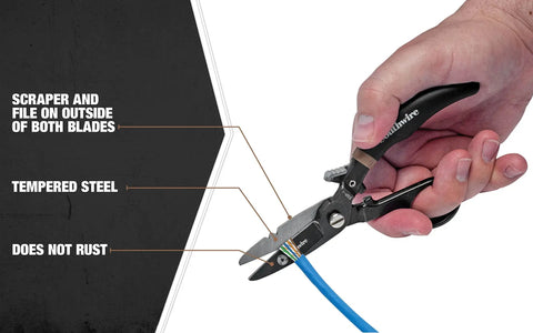 Pro Datacomm Snips For Precise Wire Cutting With Spring Loaded Blade And Textured Double Dipped Grip Serrated Edge For Clean 19 And 23 AWG Cuts Electrician Favorite For Control And Comfort held in hand with features labeled.