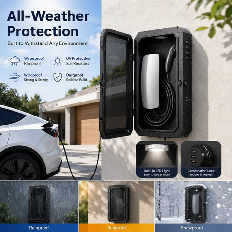 Built Like A Tank Ev Charger Enclosure For Outdoor Wall Mount Boxes with waterproof design and integrated LED light.