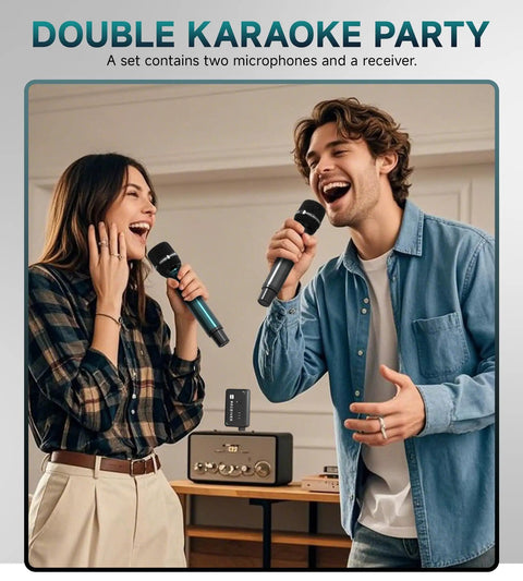 Two people using Dual Wireless Microphone System For Singing And Speaking With 240 Ft Range And 3 Ms Latency