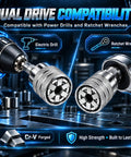 Dual drive compatibility image showing Premium Universal Socket Wrench Set Four Piece Adjustable Multi Jaw Tool with electric drill and ratchet wrench.