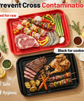 Stackable Grilling Prep And Serving Trays Set Of 2 Plastic BBQ Trays For Raw And Cooked Food Dishwasher Safe 17 By 10.5 Inches Outdoor Cooking Accessories For Parties Red And Black, with red tray for raw ingredients and black tray for cooked food, featuring meats and vegetables.