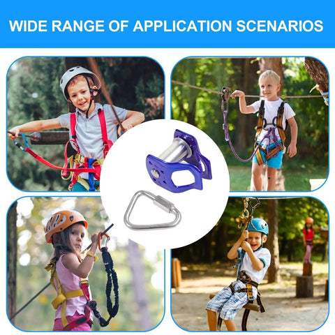 Heavy Duty Zip Line Trolley With Quick Setup Rope Slider for Slack Line Outdoor Play for Ages Five and Up showcased in use by children.