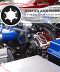 Heavy Duty Push On Lock Washers Set Internal Tooth Serrated Stainless Steel Quick Locking Washers Assortment Kit For Industrial Fastening Replacement And Maintenance Projects, shown in use on a car engine with a focus on serrated lock washer.