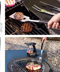 Outdoor grilling with the Backyard BBQ Essential 5 Piece Grill Tools Set With Heavy Duty Wire Brush Spatula Fork Tongs And Basting Brush.