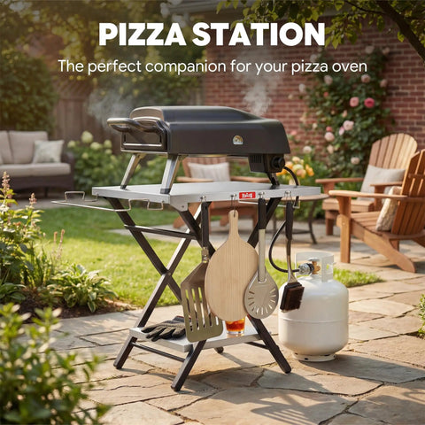 Foldable Outdoor Grill Table And Prep Station With Pizza Oven Base and Griddle Stand for backyard gatherings.