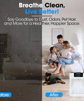 Dead Quiet Smart Air Purifier For Home Serving Crisp Clean Vibes With Chill Sleep Mode And Auto Adjust Settings Plus Wifi App Control For Fresh Air In Big Rooms Up To One Thousand Seventy Six Sq Ft White displayed in a clean living room next to a family and a dog.