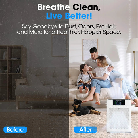 Dead Quiet Smart Air Purifier For Home Serving Crisp Clean Vibes With Chill Sleep Mode And Auto Adjust Settings Plus Wifi App Control For Fresh Air In Big Rooms Up To One Thousand Seventy Six Sq Ft White displayed in a clean living room next to a family and a dog.