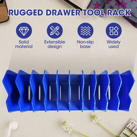 Top view of blue 2 Pack Pliers Organizer Rack With Nonslip Base, 10 Slot Drawer Plier Tray, Extendable Holder And Cutter Storage Shelves.