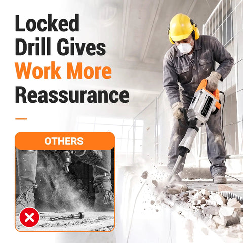 Professional Electric Jack Hammer Pumping 3500W in action, breaking concrete with locked drill for demolition work.