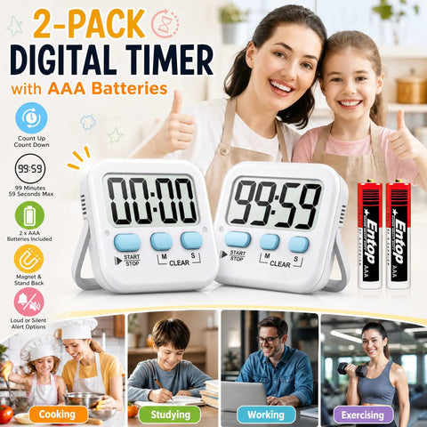 Top Shelf Two Pack Digital Timer With Built In Memory Dead Reliable For Kitchen Cooking Classroom Tasks And Quick Meal Prep Drop In And Play Design Comes Fully Loaded With Batteries Ready To Roll, shown with two timers and AAA batteries.