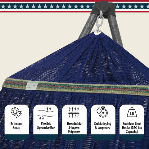 Adjustable Hammock With Sturdy Collapsible Stand For Camping And Outdoor Use 550 Lb Capacity Double Hammock With Foldable Noiseless Frame Includes Carry Bag Easy Setup Weather Resistant Material Aegean with close-up of blue fabric and spreader bar