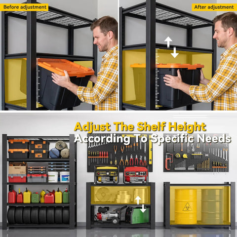 Man adjusting height of No Fuss Heavy Duty Five Tier Garage Shelving Unit Built Like A Tank Steel Storage Rack 72 X 48 X 24 Inches.