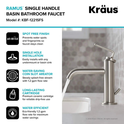 Ramus Single Handle Bathroom Sink Faucet With Lift Rod Drain In Spot Free Stainless Steel, side view next to sink