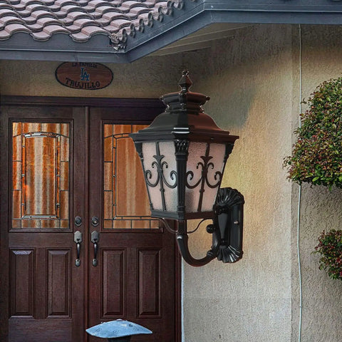 Hardcore Rustic Black Wall Lantern And Outdoor Wall Sconce With All Season Weather Proof Design For Front Porch Patio Entryway, mounted beside double doors