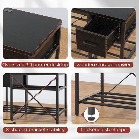 Heavy Duty Metal 3D Printer Stand With Filament Storage And Power Hub Rock Solid Workstation Rig With Tool Drawer And Dual Storage Cubbies For DIY Creators, features oversized desk and wooden drawer.