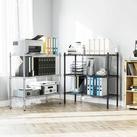 Rock Solid Three Tier Heavy Duty Wire Shelving System Featuring Adjustable Metal Storage Rack In Matte Black Finish supporting various office supplies.
