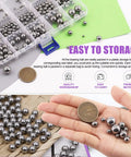 Slick Heavy Duty Chrome Steel Loose Bearing Balls 330 Piece Pack 16 Metric Sizes For Bike Hub Refresh And Caster Swap Pro Tier Precision Assortment displayed in storage box.