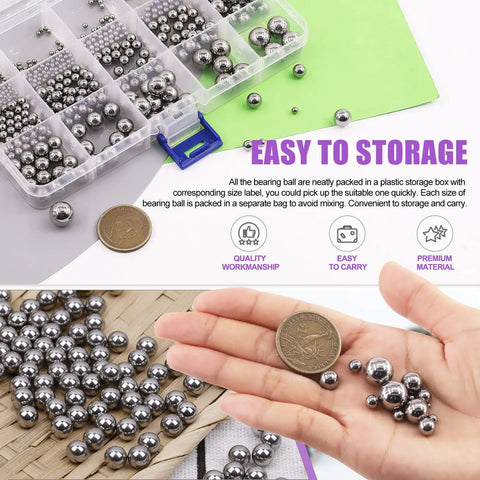 Slick Heavy Duty Chrome Steel Loose Bearing Balls 330 Piece Pack 16 Metric Sizes For Bike Hub Refresh And Caster Swap Pro Tier Precision Assortment displayed in storage box.