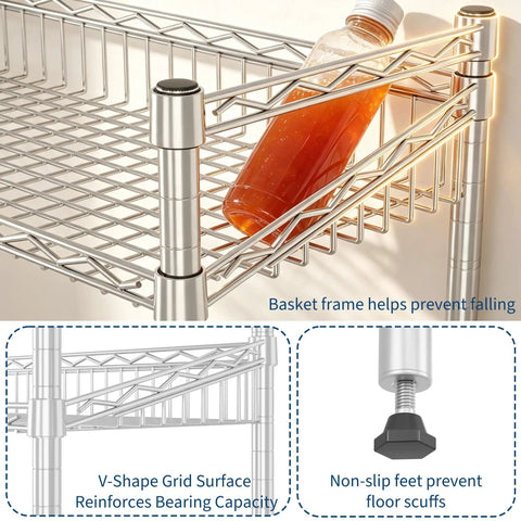 Rock Solid 4 Tier Adjustable Wire Storage Rack Heavy Duty Steel Industrial Shelving with secure basket frame ensuring stability.