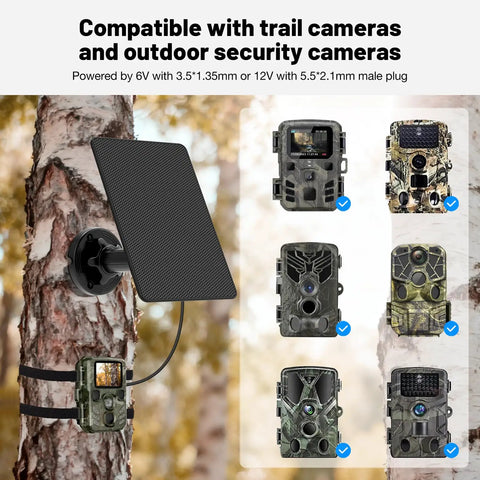 Heavy Duty Solar Panel For Trail Cameras With Built In 5000MaH Rechargeable Battery Solar Charging Kit mounted on tree with camera.