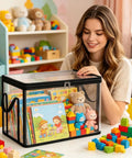 Store Your Stuff Like A Pro With These Sleek Clear Storage Bins Featuring Smooth Zipper Closures And Heavy Duty Reinforced Handles Perfect For Closet Tidying And Bedroom Sorting Made From Thick Transparent PVC To Straight Up Spot Everything Fast. Clear storage bin holding toys and books, with smooth zipper, in a child-friendly environment.