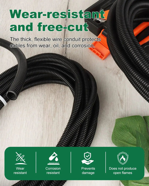 Close-up of Split Wire Loom Kit with four sizes and 120 ft total length for automotive wiring and cable protection on wooden surface