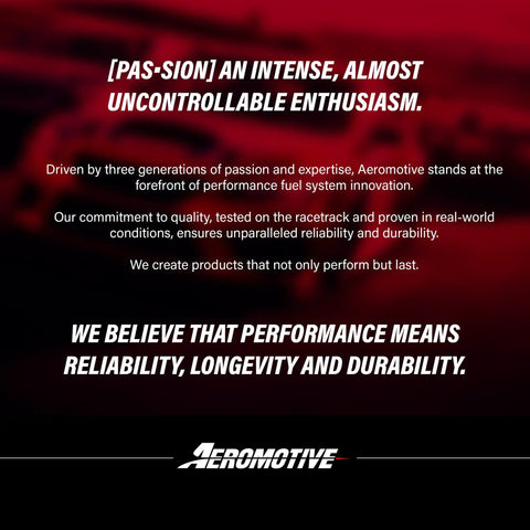 Aeromotive brand message on performance fuel systems with red background emphasizing reliability and durability.