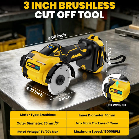 Badass Cordless Cut Off Tool With Brushless Motor And Variable Speed, 3 Inch Mini Cutting Saw with 3 inch blade on workbench.