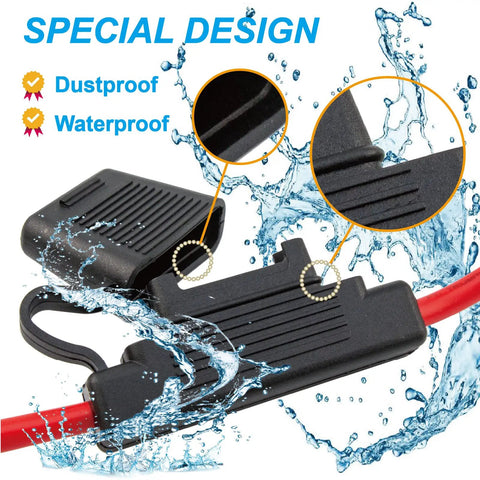 Two Pack Black 8 AWG Inline Fuse Holder With Waterproof Maxi Fuse Block showcasing waterproof design and tight seal details.