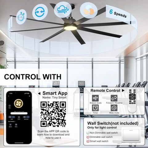 Smart control features of the 84 Inch Ceiling Fan With Lights Remote And App Control, showcasing app and remote options for indoor use.
