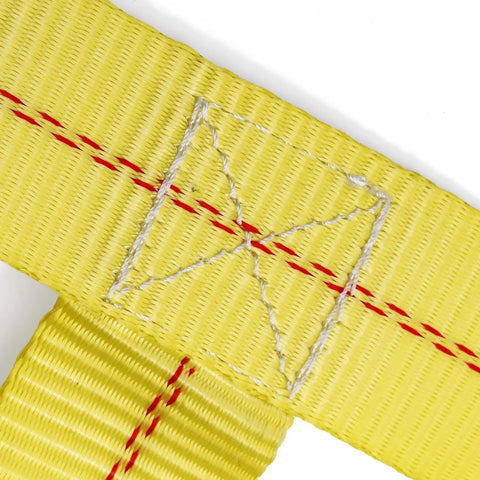 Heavy Duty Tow Dolly Basket Straps Two Pack With Flat Steel Hooks For 15 To 19 Inch Car Tires showing stitching detail on yellow polyester fabric.