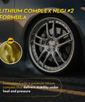 Close-up of car wheel with inset image of White Lithium Complex NLGI 2 High Temp EP Multi Purpose Grease 14 Oz Tube.