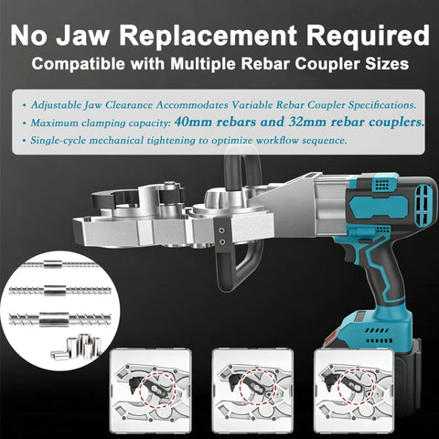 REWECI Cordless Rebar Threader Machine 800W Brushless Motor With Lithium Battery showing adjustable jaw for 40mm rebar and 32mm couplers.