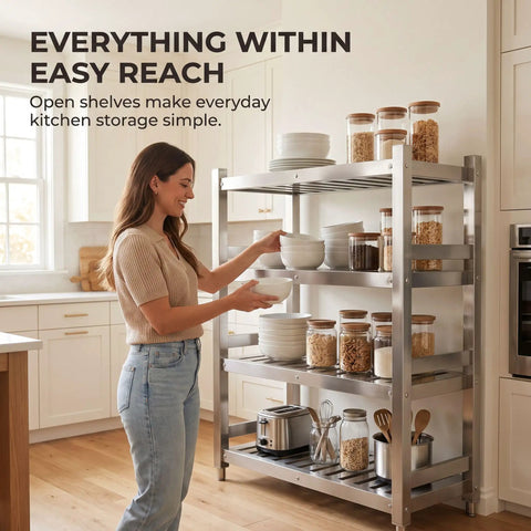 Built Tough 304 Stainless Steel Shelf For Pantry Kitchen Garage Storage Rack With Slick Brushed Silver Surface And No Sweat Setup Commercial Grade Metal Shelving Unit 27.6 X 19.7 X 70.9 Inches showcasing kitchen organization with bowls and jars.