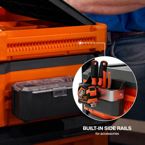 Close-up of MODbox Tray Work Top Grab And Go Portable Work Surface showing built-in side rails for accessories.