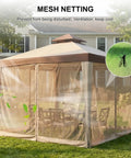 10x10 Outdoor Gazebo With Netting And Sun Shade Canopy For Patio And Backyard showing mesh details, beige color